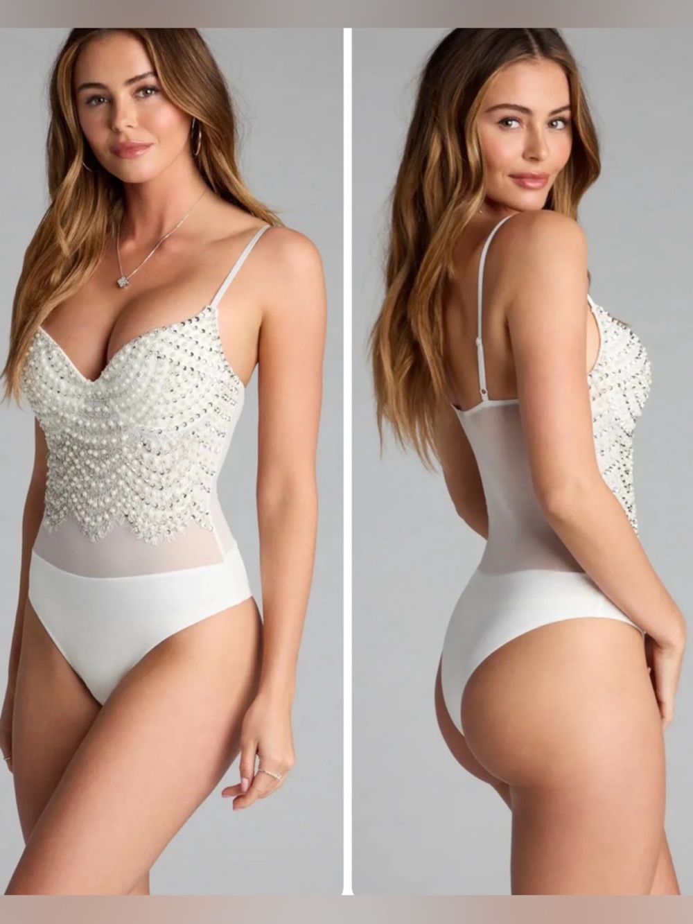 NEW Windsor Bodysuit Size M White Pearl Sequin Bridal Bachelorette Party Date - Picture 2 of 7
